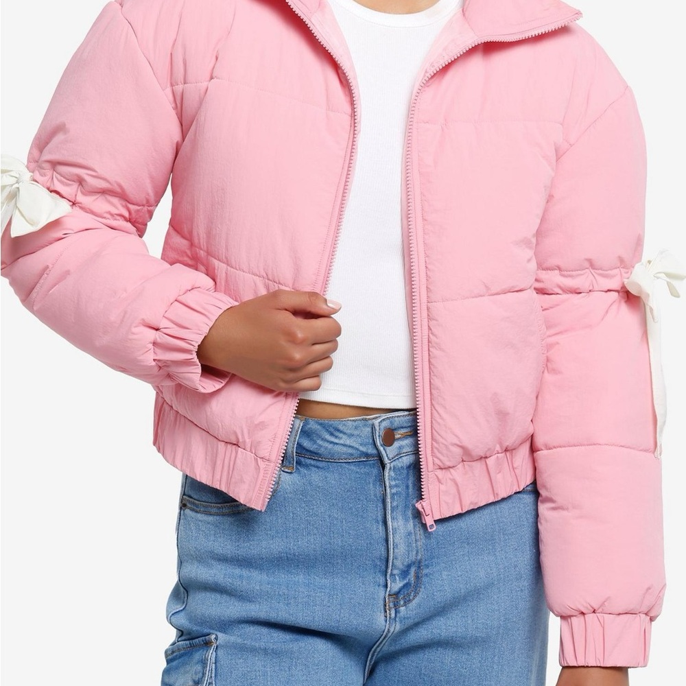 Bubblegum Pink White Bow Girls Puffer Jacket
Size L